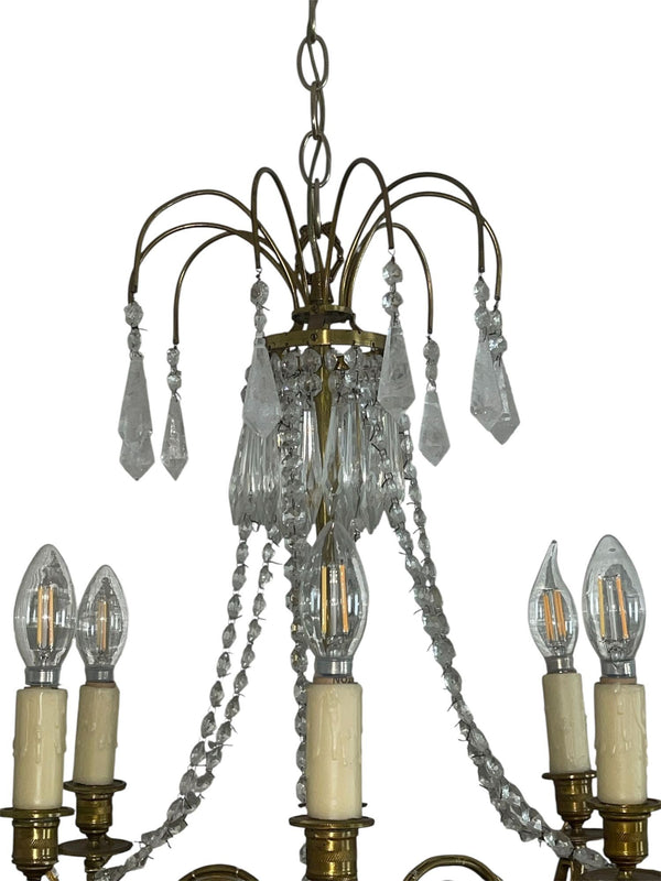 Pair of French Brass Chandeliers with Rock Crystal & Glass. Early 20th century.