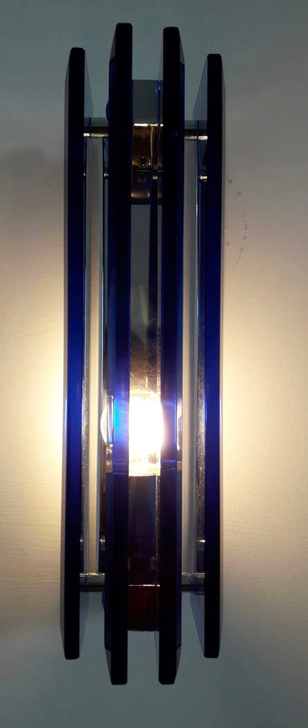 Set of Ten Sconces w/ Beveled Cobalt Blue Glass Designed by Veca. Italy, 1960's.