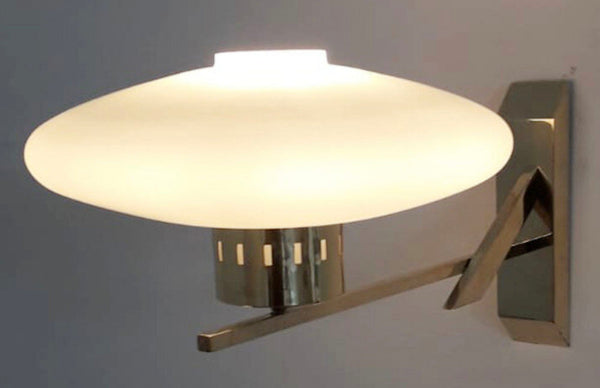 Set of Four Mid-Century Opaline Disk Glass Sconces on Brass Frame. Italy, 1960's
