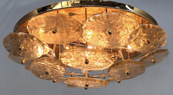 Italian "Galattico" Flush Mount with Gold Textured Murano Glass Discs, 1980's.