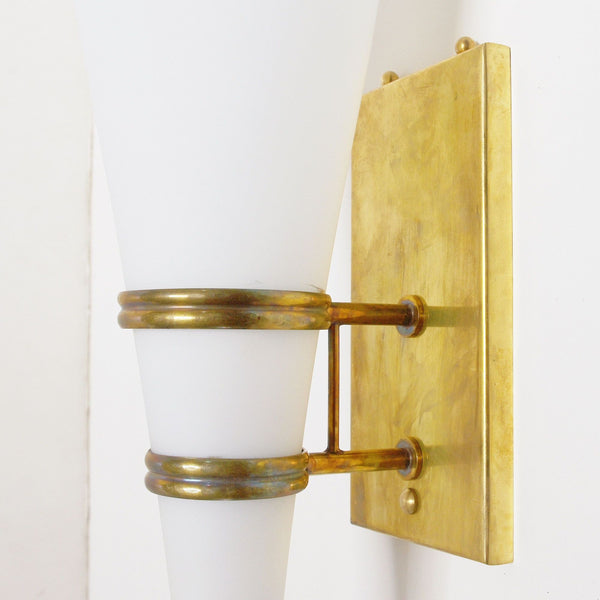 Set of Four Italian White Frosted Murano Glass Torch Sconces & Brass. 1960's.