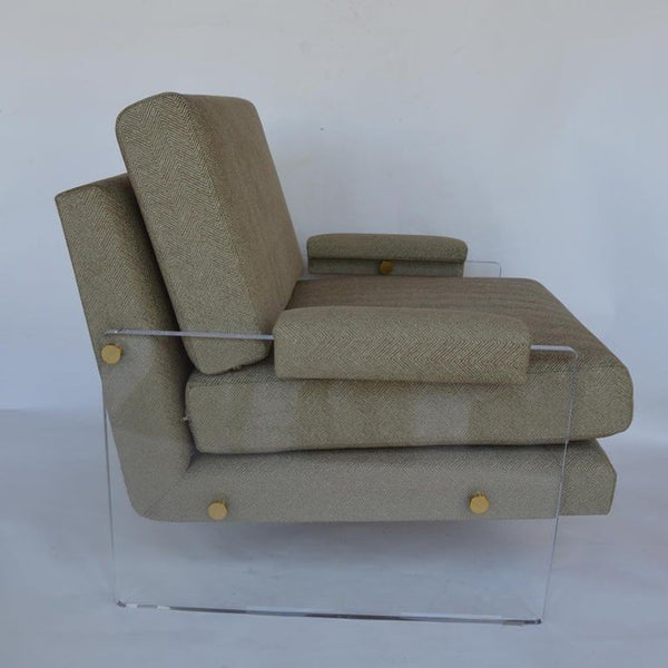 Pair of Lucite Armchairs with Brass Hardware and New Upholstery. U.S.A. 1980's.