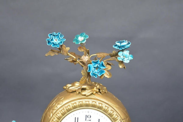 Rococo Chinosoiserie Style Three-Piece Gilt Bronze and Porcelain Clock Garniture