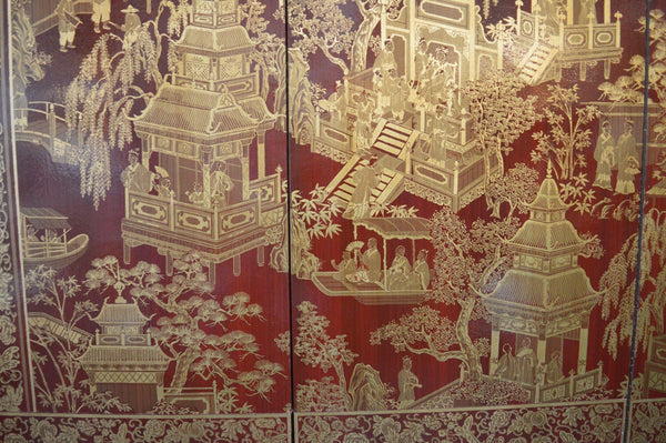 Robert Crowder Four-Panel Chinoiserie Screen with Gold Leaf on Red Background.