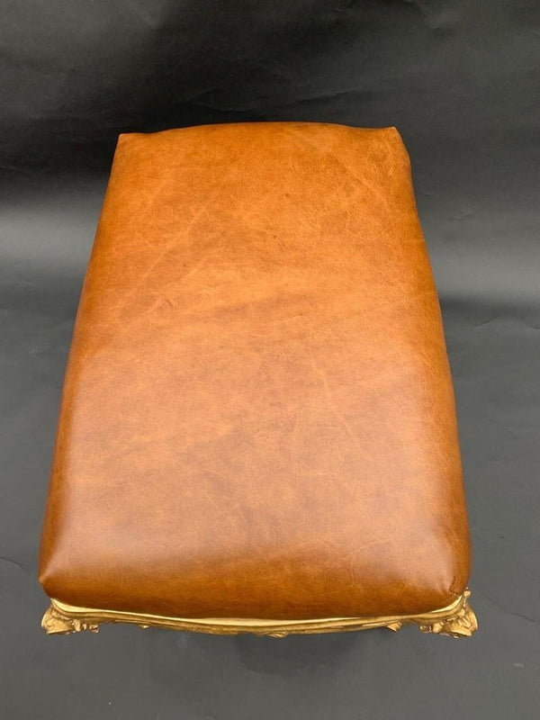 Pair of Italian Gilt-Wood Benches with Brown Leather Upholstery, 20th Century.