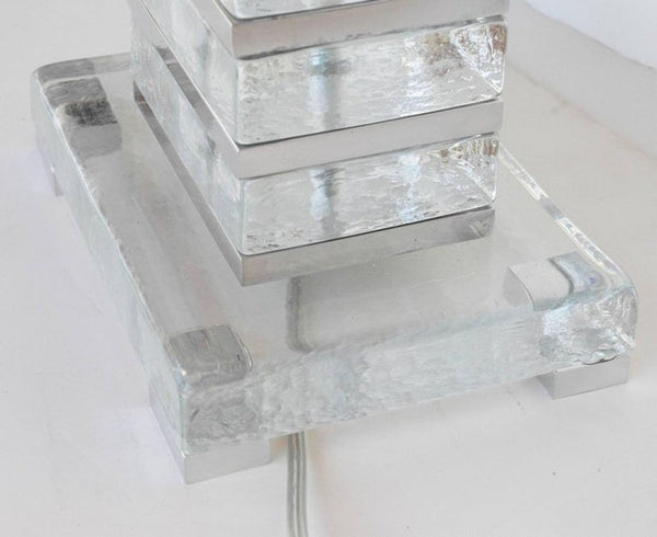 Pair of Italian Clear Murano Glass Blocks Table Lamps with Chrome Details, 1990s