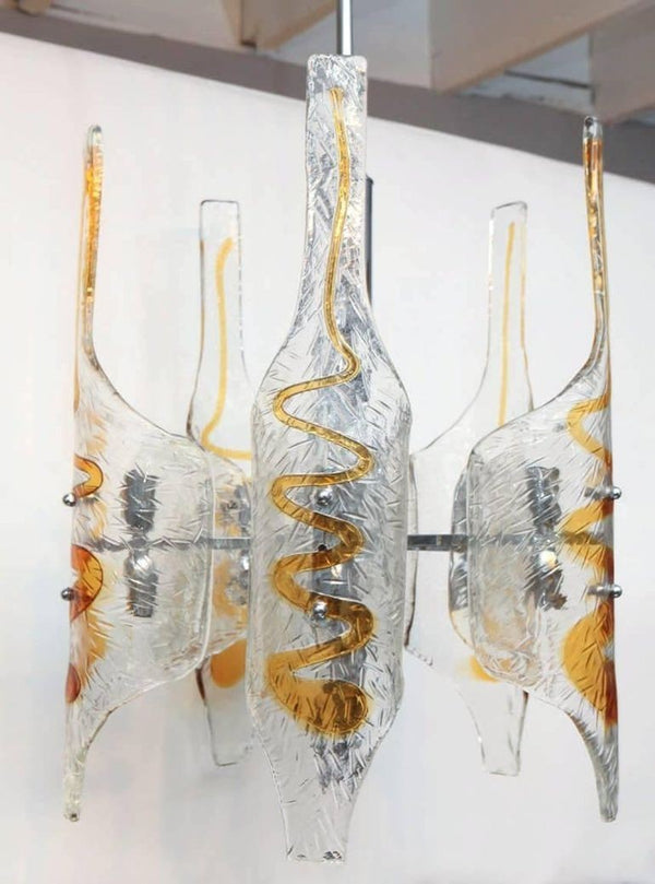 Italian Tubular Clear & Amber Murano Glass Chandelier Designed by Mazzega, 1970s
