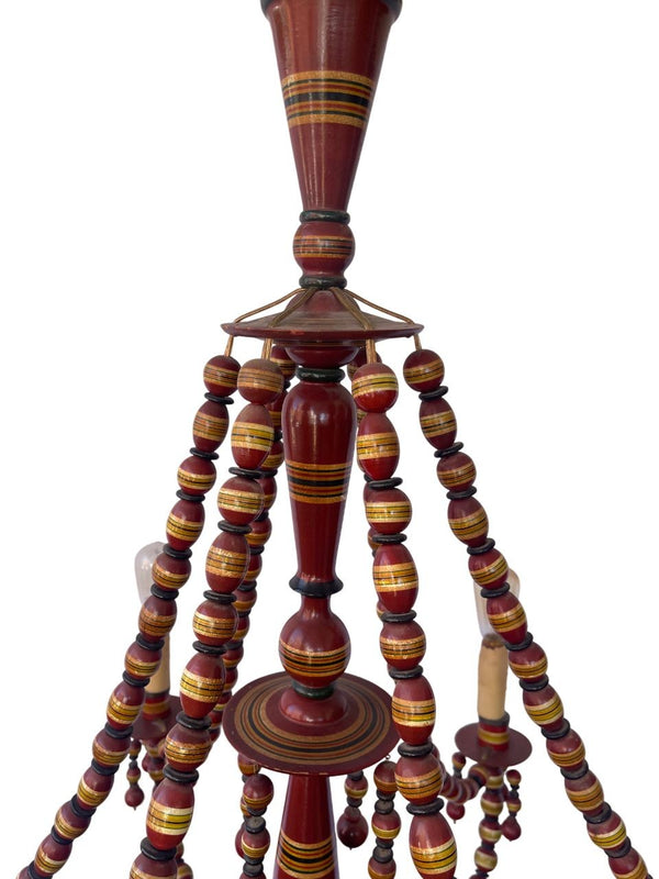 1950's Turkish Hand-Carved Wooden 6-Arm Chandelier Beaded & Hand-Painted