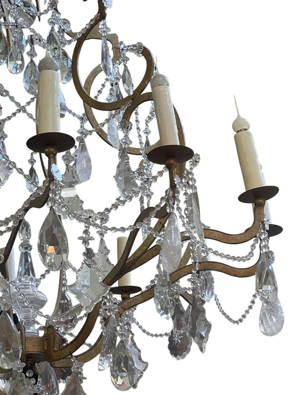 Monumental Italian Rock Crystal & Wrought Iron Chandelier, 20th Century.