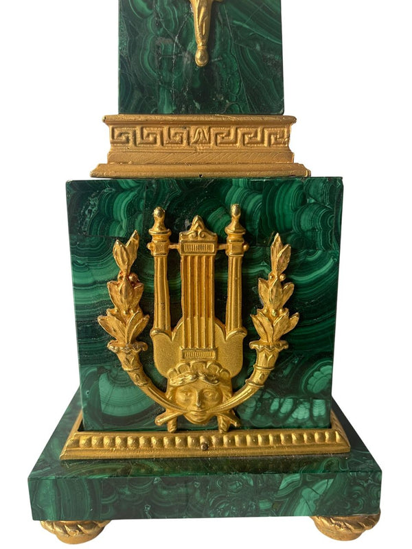 Pair of Early 20th C. French Malachite Candelabras with Gilt Bronze Details.