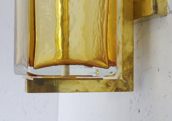 Set of Three Murano Amber Glass & Brass Sconces, Italy, 1980's.