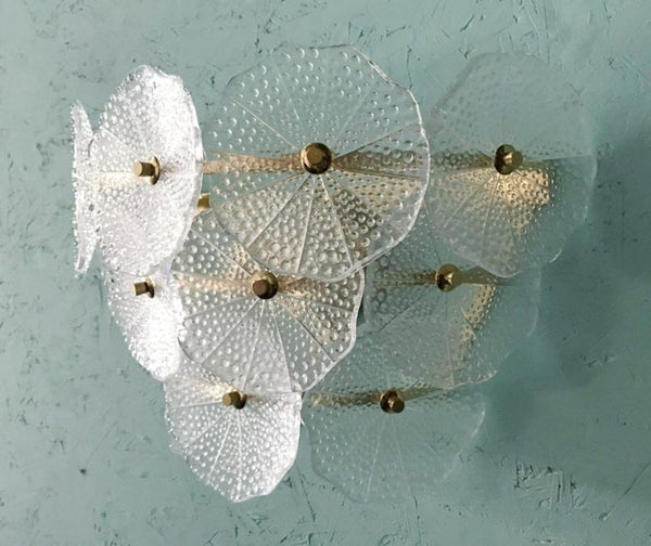 Pair of Clear Round Petal Murano Glass & Polished Brass Sconces, Italy, 1980's.