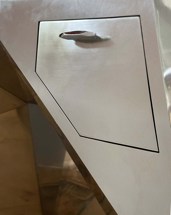 Minimalist “Popova” Desk in Brushed Stainless Steel with Mahogany Drawers. U.S.A