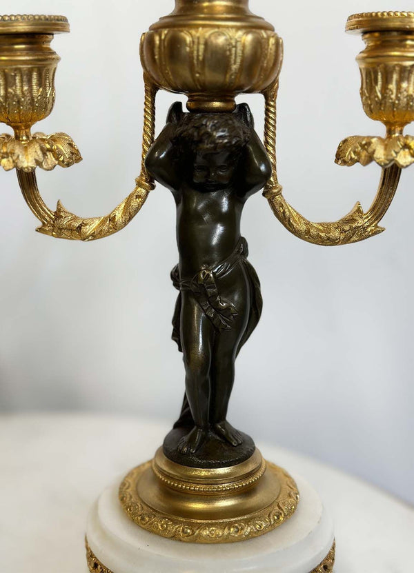 French 19th Century Clock & Candelabra Cherub Set