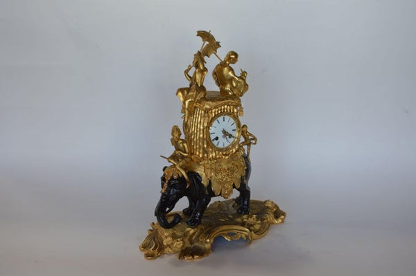 19th C Louis XV Style Gilt Bronze Elephant Clock Signed by Barreau F. de Bronzes