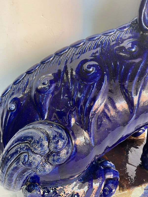 19thC. Oversized Chinese Cobalt Blue Glazed Earthenware Models of Mythical Beast