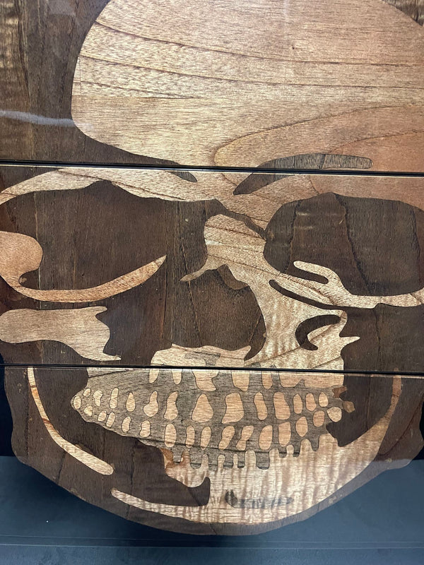 Pair of Early 21st C. Black Commodes with Inlaid Skull Design and Resin Finish