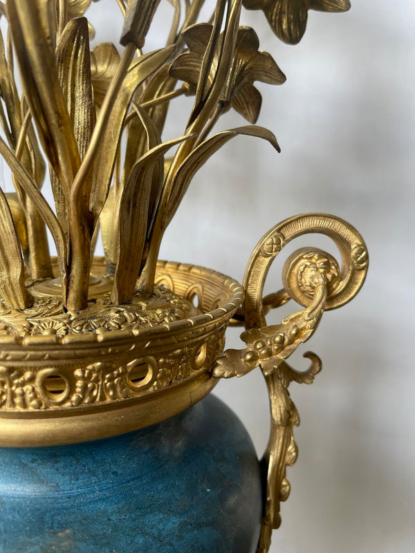 Pair 19th C. French Bronze Candelabra Carved Blue Stone with Gilt Floral Bouquet