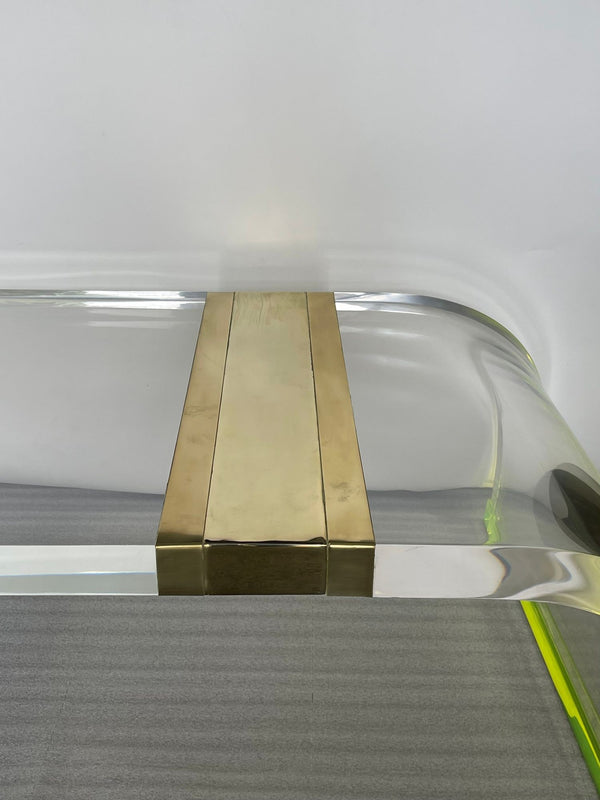 Long Acrylic Coffee Table w/ Brass & Fluorescent Green Details, U.S.A 1980's.