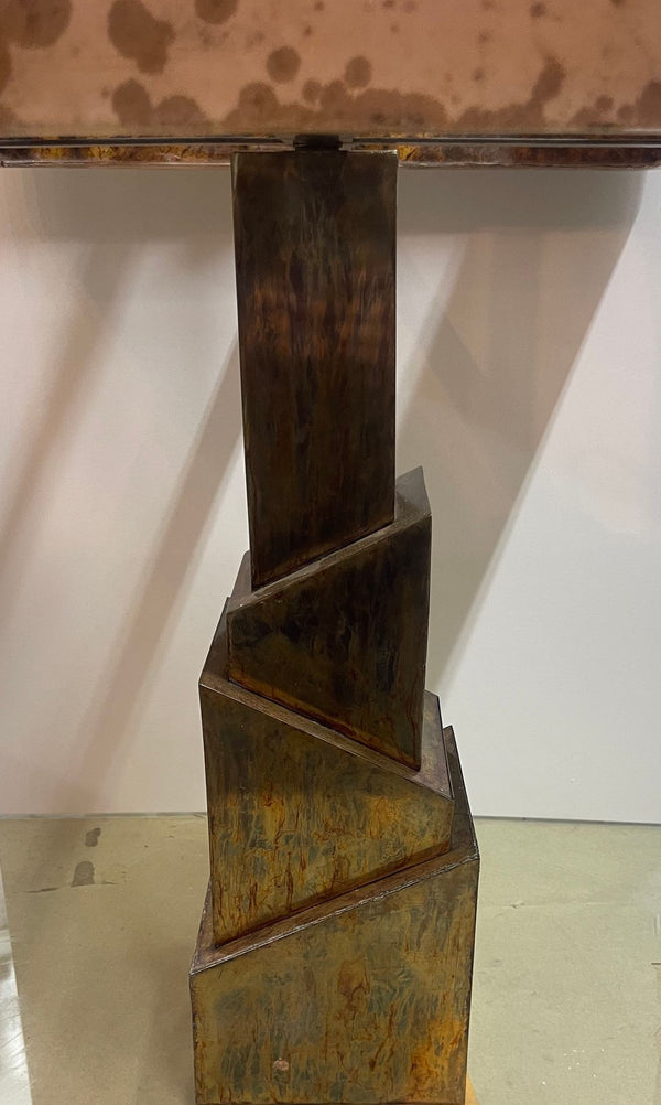 Pair of Brutalist Table Lamps with Tortoise Brass Base and Parchment Tan Shades.