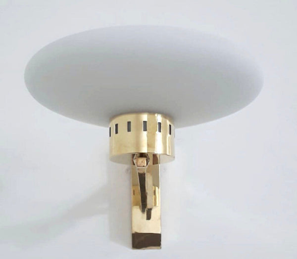 Set of Four Mid-Century Opaline Disk Glass Sconces on Brass Frame. Italy, 1960's