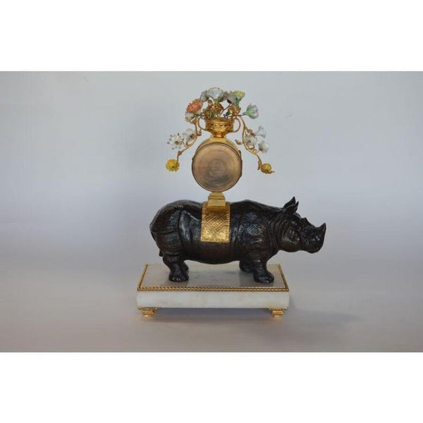 Late 19th C. French Gilt Bronze & Patinated Rhino Clock on Marble Base