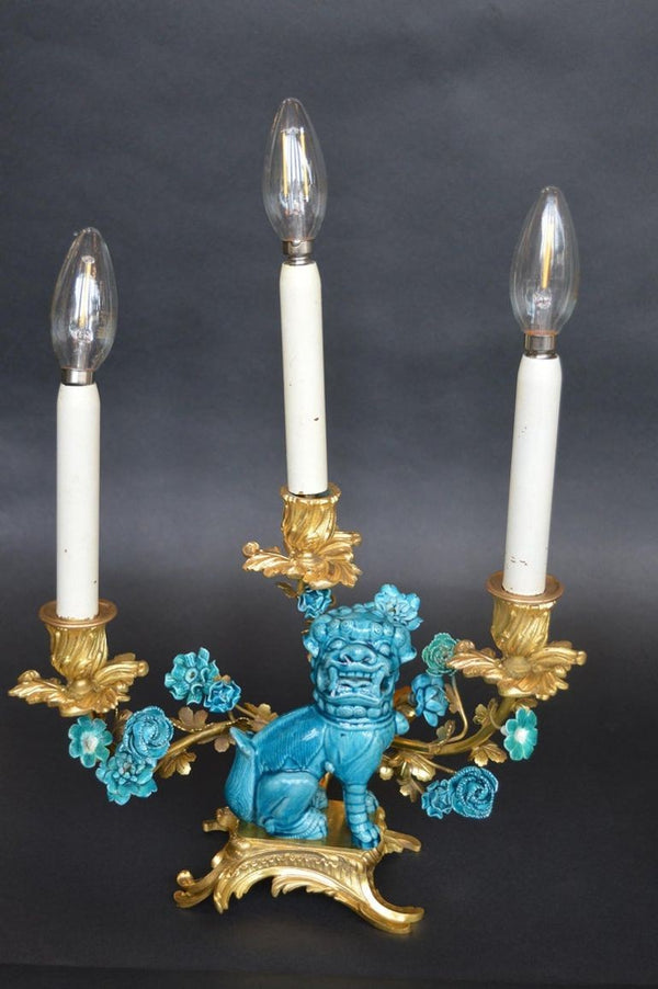 Rococo Chinosoiserie Style Three-Piece Gilt Bronze and Porcelain Clock Garniture