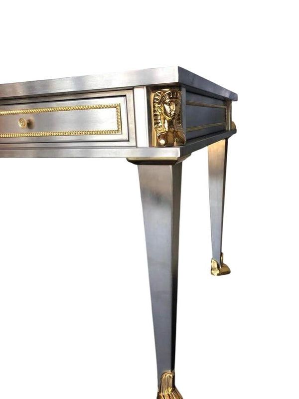 John Vesey Stainless Steel & Bronze Desk with Red Leather Top, USA, Late 20th C.