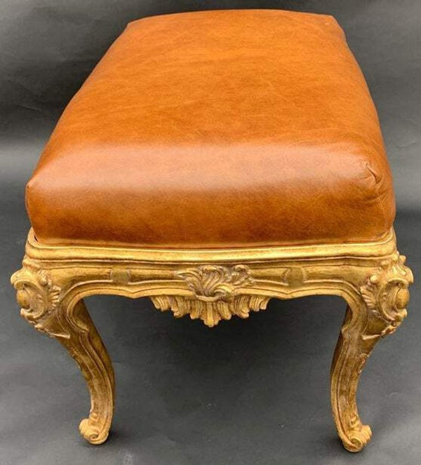 Pair of Italian Gilt-Wood Benches with Brown Leather Upholstery, 20th Century.