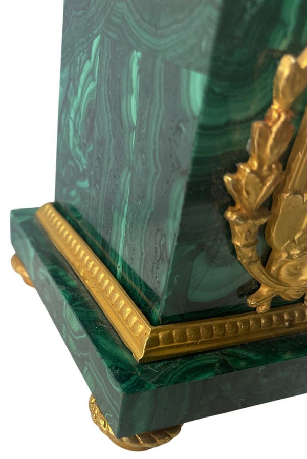 Pair of Early 20th C. French Malachite Candelabras with Gilt Bronze Details.