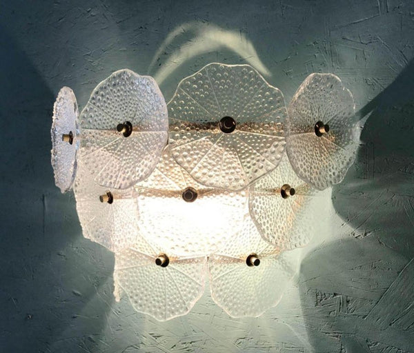 Pair of Clear Round Petal Murano Glass & Polished Brass Sconces, Italy, 1980's.