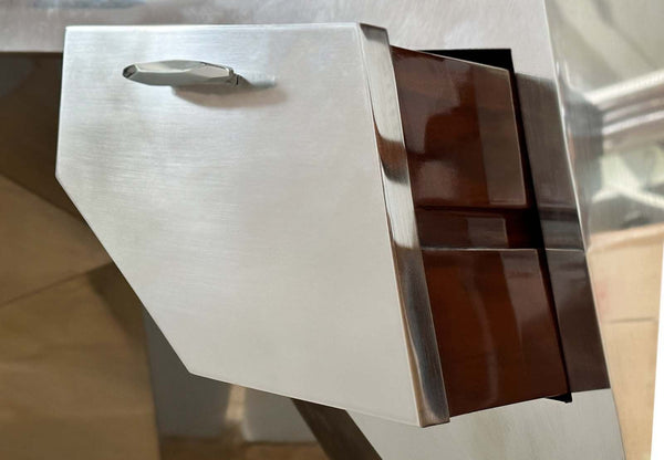 Minimalist “Popova” Desk in Brushed Stainless Steel with Mahogany Drawers. U.S.A