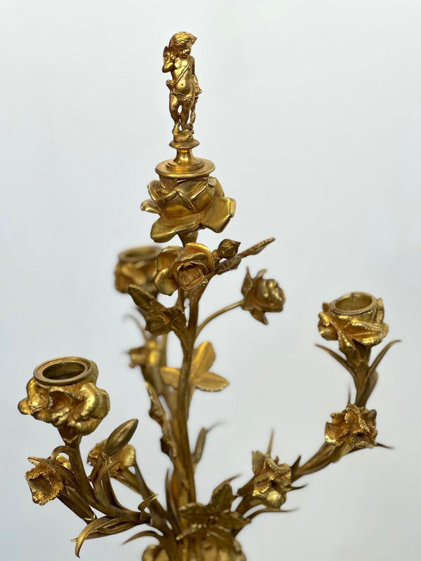 Pair of French 19th Century Gilt Bronze Candelabras with Marble Base