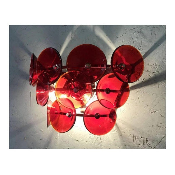 Set of Five Red Murano Glass Sconces Designed by Vistosi, Italy, 1980's.