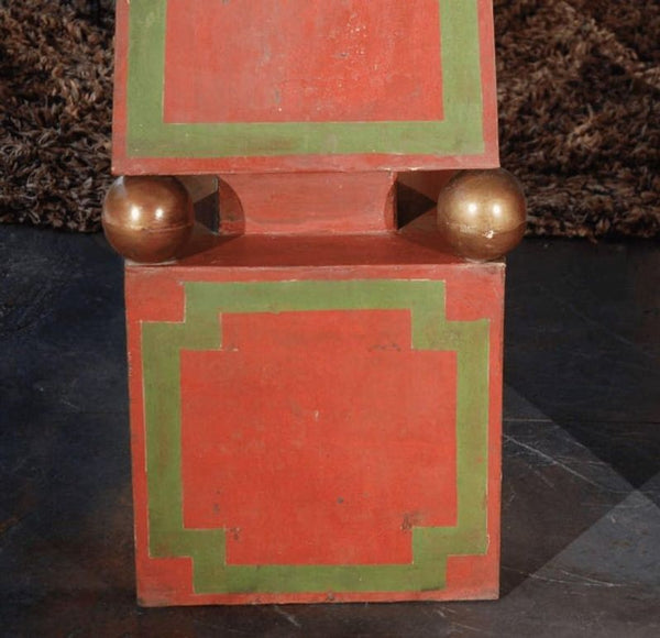 Large Pair of Vintage Tole Obelisks in Red, Green & Gold. Italy, 20th Century.