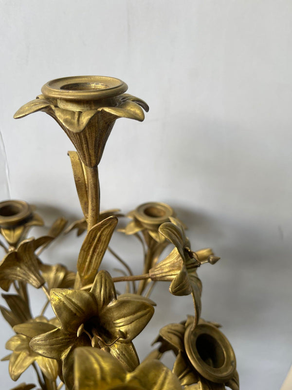 Pair 19th C. French Bronze Candelabra Carved Blue Stone with Gilt Floral Bouquet