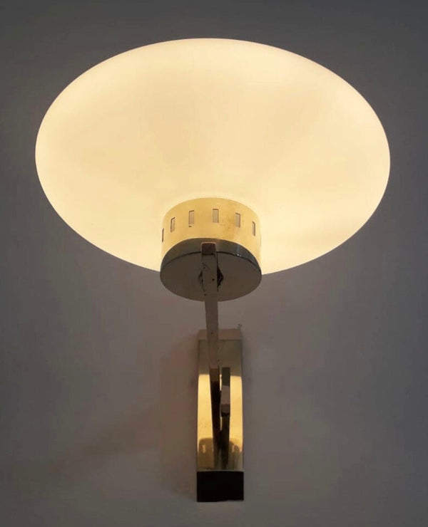 Set of Four Mid-Century Opaline Disk Glass Sconces on Brass Frame. Italy, 1960's