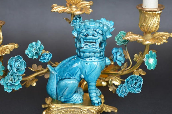 Rococo Chinosoiserie Style Three-Piece Gilt Bronze and Porcelain Clock Garniture