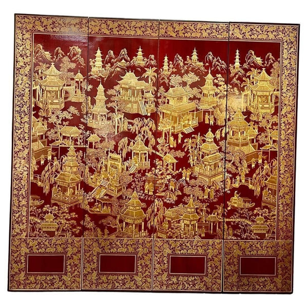 Robert Crowder Four-Panel Chinoiserie Screen with Gold Leaf on Red Background.