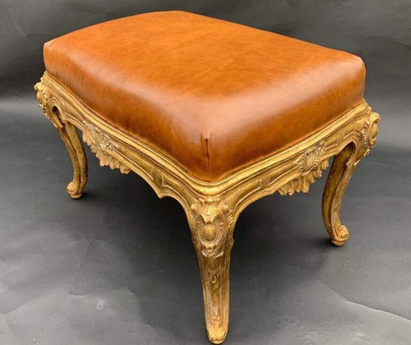 Pair of Italian Gilt-Wood Benches with Brown Leather Upholstery, 20th Century.