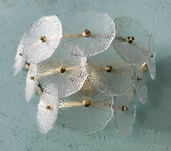 Pair of Clear Round Petal Murano Glass & Polished Brass Sconces, Italy, 1980's.