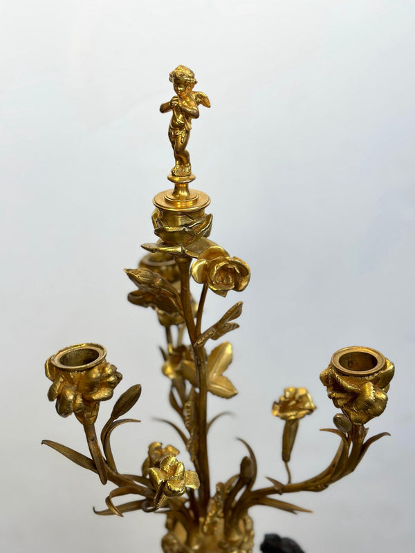 Pair of French 19th Century Gilt Bronze Candelabras with Marble Base