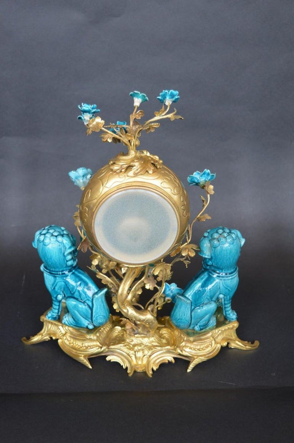 Rococo Chinosoiserie Style Three-Piece Gilt Bronze and Porcelain Clock Garniture