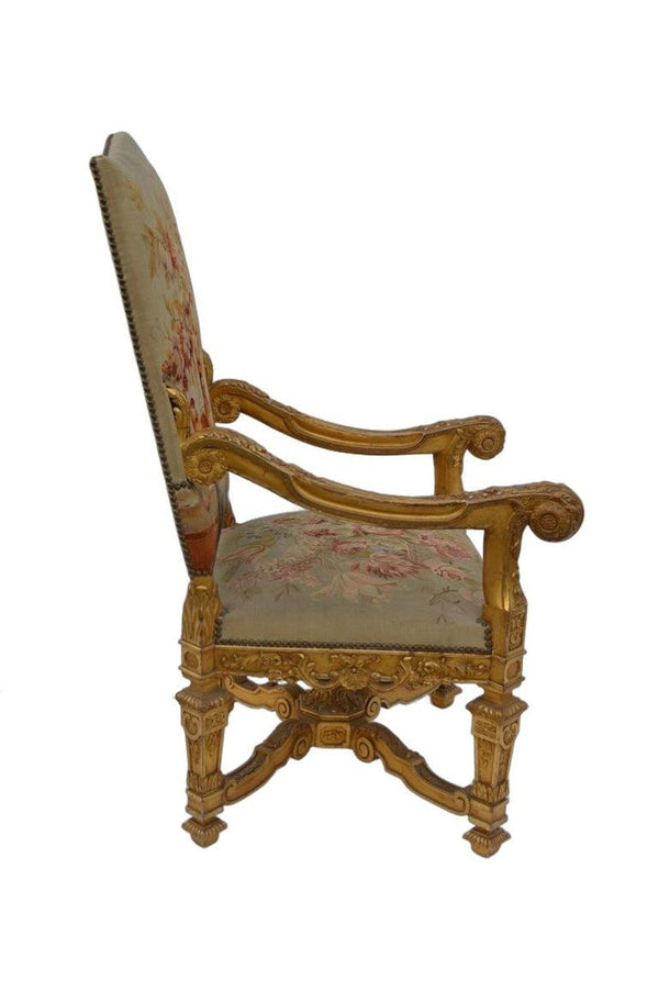 Pair of Large Late 19th Century French Neoclassical Gilded Walnut Armchairs