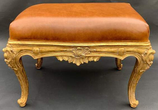 Pair of Italian Gilt-Wood Benches with Brown Leather Upholstery, 20th Century.