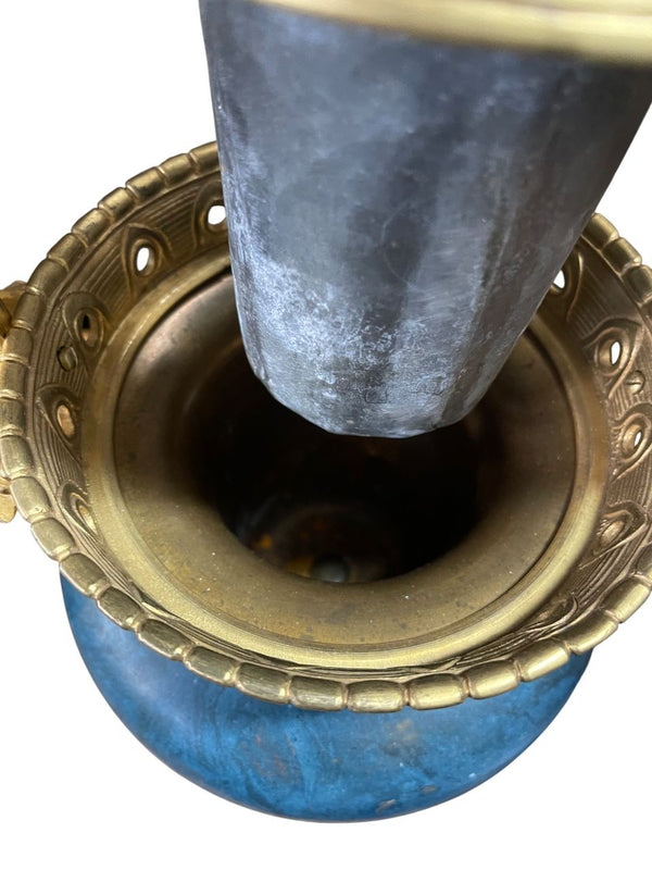 Pair 19th C. French Bronze Candelabra Carved Blue Stone with Gilt Floral Bouquet