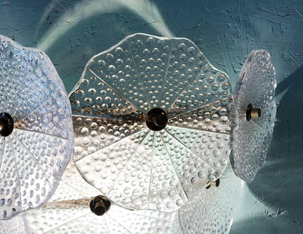 Pair of Clear Round Petal Murano Glass & Polished Brass Sconces, Italy, 1980's.
