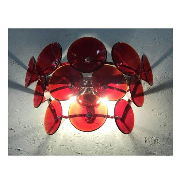 Set of Five Red Murano Glass Sconces Designed by Vistosi, Italy, 1980's.