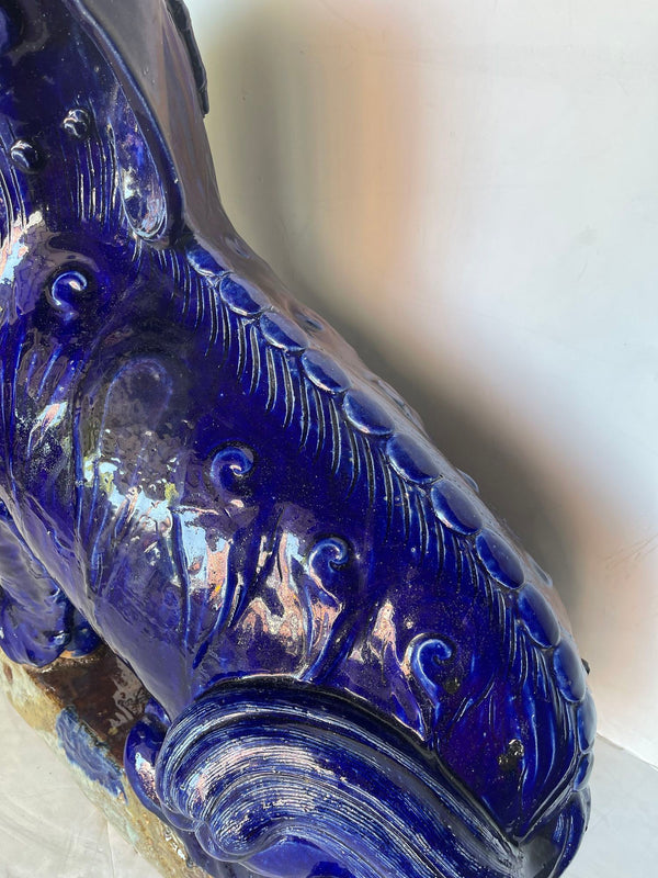 19thC. Oversized Chinese Cobalt Blue Glazed Earthenware Models of Mythical Beast