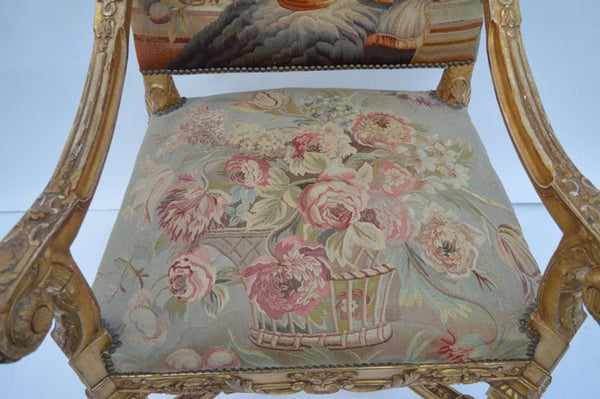 Pair of Large Late 19th Century French Neoclassical Gilded Walnut Armchairs